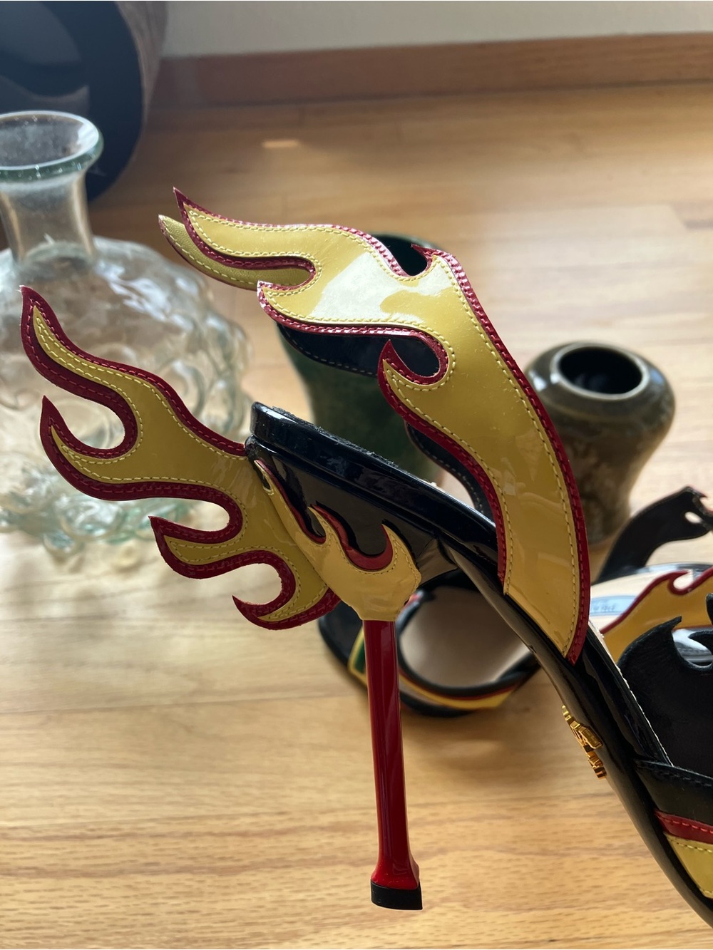 Iconic Prada Hot Rod Flames Heels SS 2012 Yellow With Roses Like New 36.5/6.5 - Picture 5 of 14